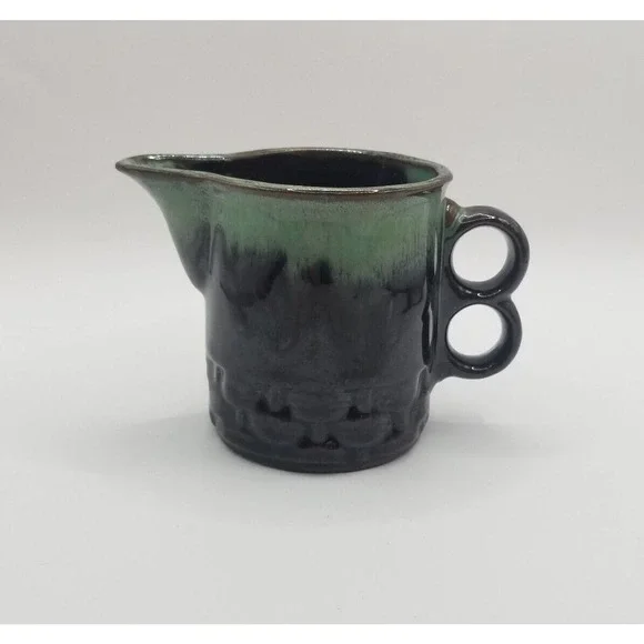 Vintage Japan Dark Brown Green Drip Glaze Trigger Handle Pottery Creamer Pitcher - Picture 3 of 9